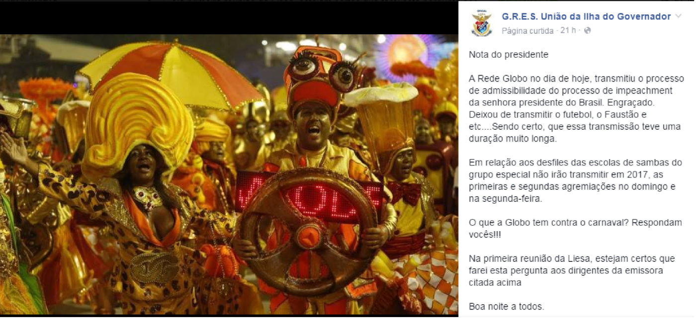 Presidente da União da Ilha critica cobertura do Carnaval 2017